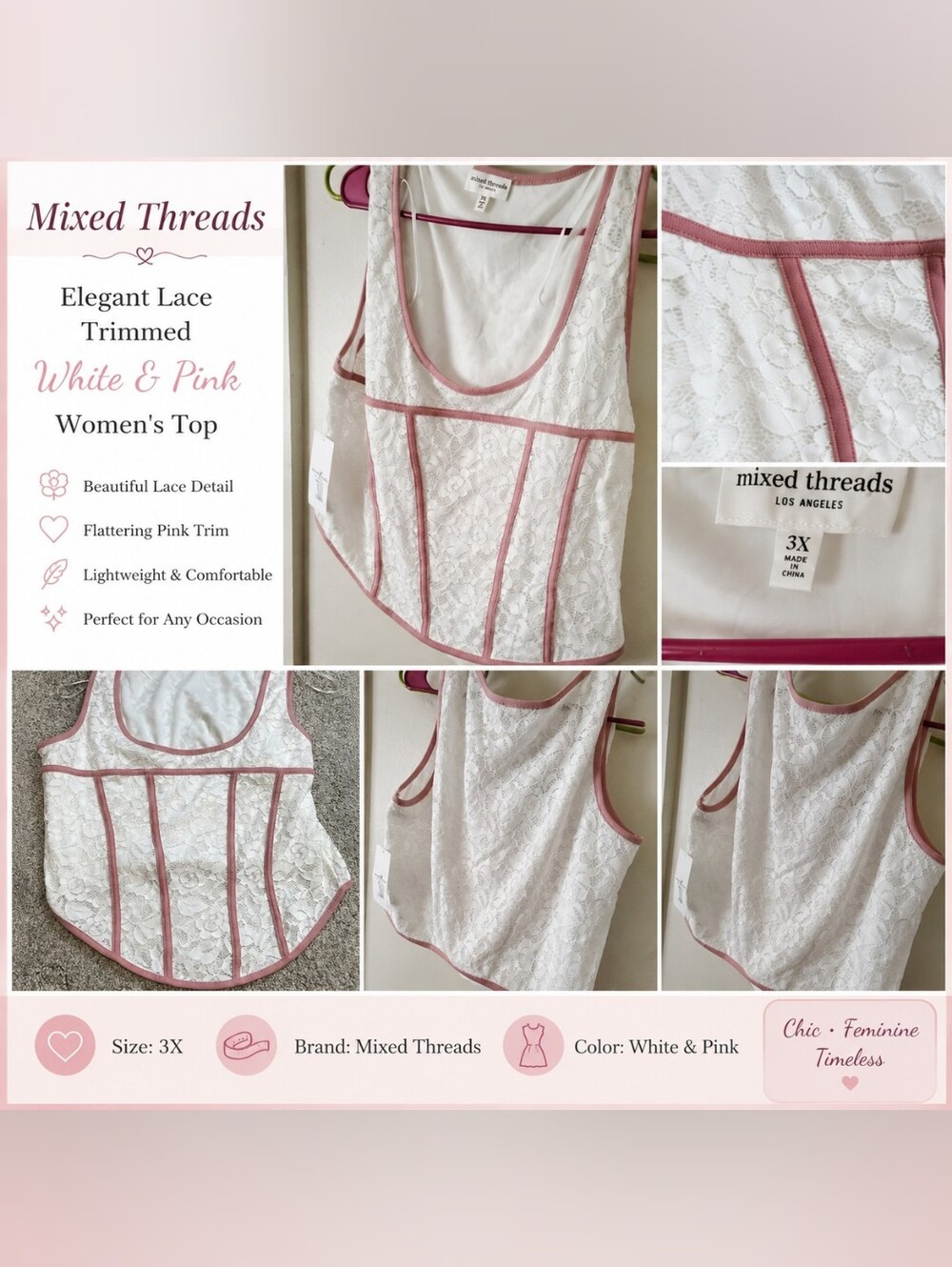 Elegant Lace Trimmed White and Pink Women's Top